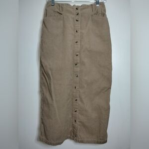 Gloria Vanderbilt (Size 10) Beige Cotton Button Down Front Corduroy Midi Skirt